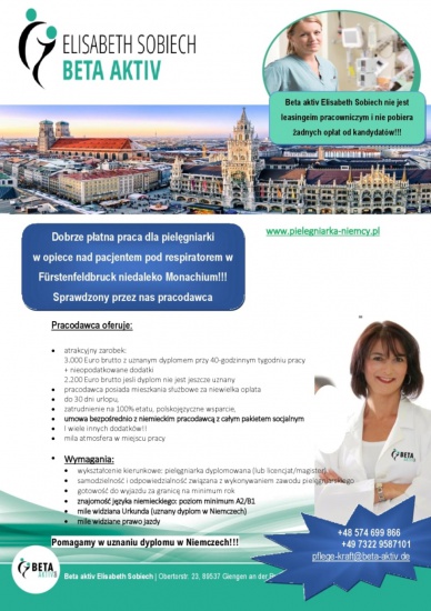 Praca dla pielęgniarki w opiece nad pacjentem pod respiratorem 